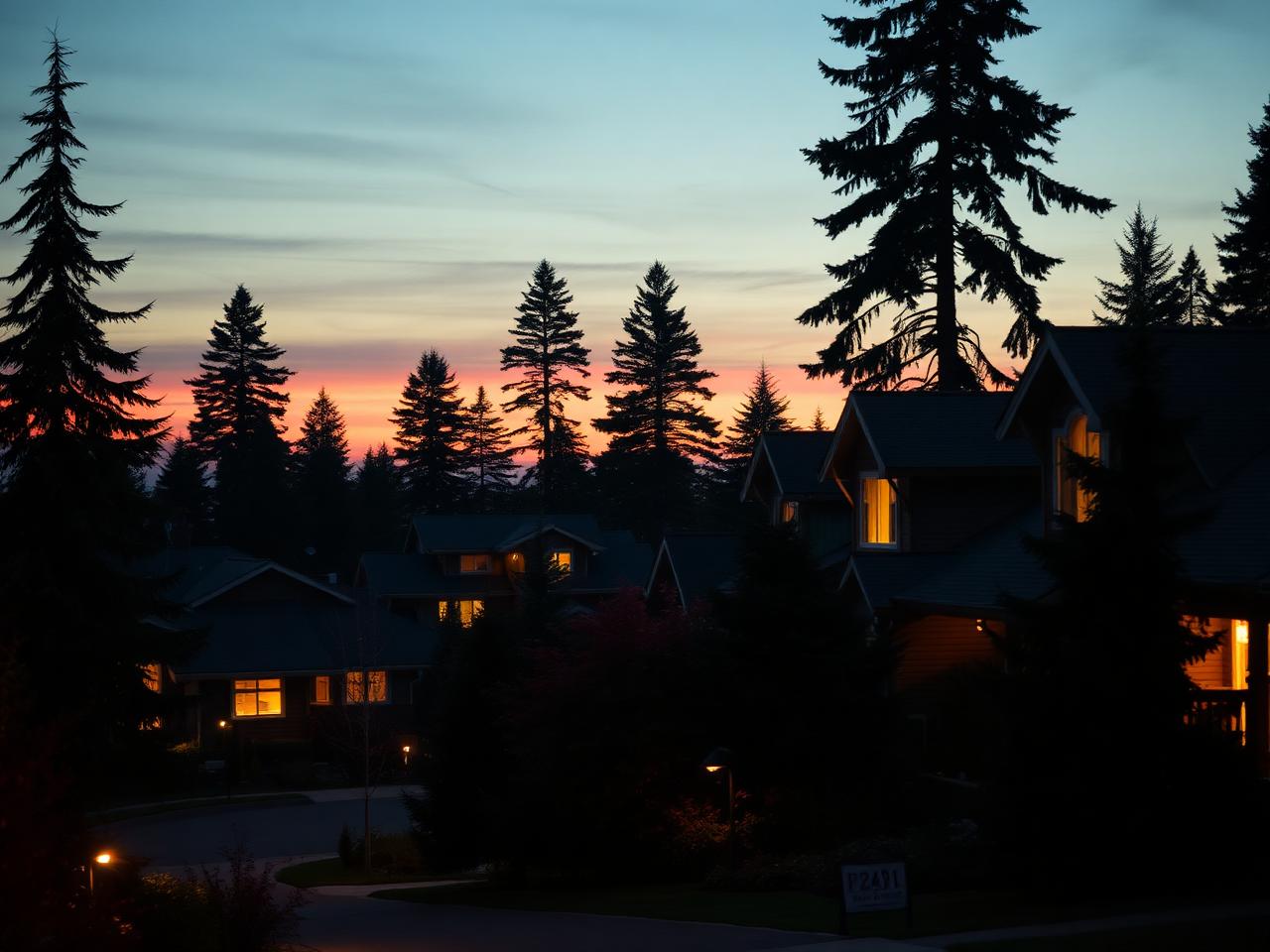 Lit Pacific Northwest neighborhood at dusk